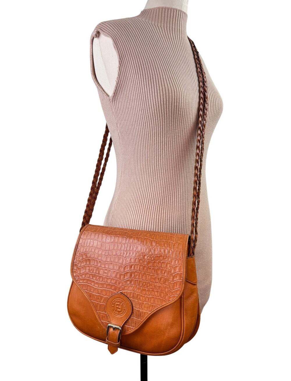 Vintage FENDI Camel Croco Embossed Leather Crossbody Braid Strap Saddle Bag RARE